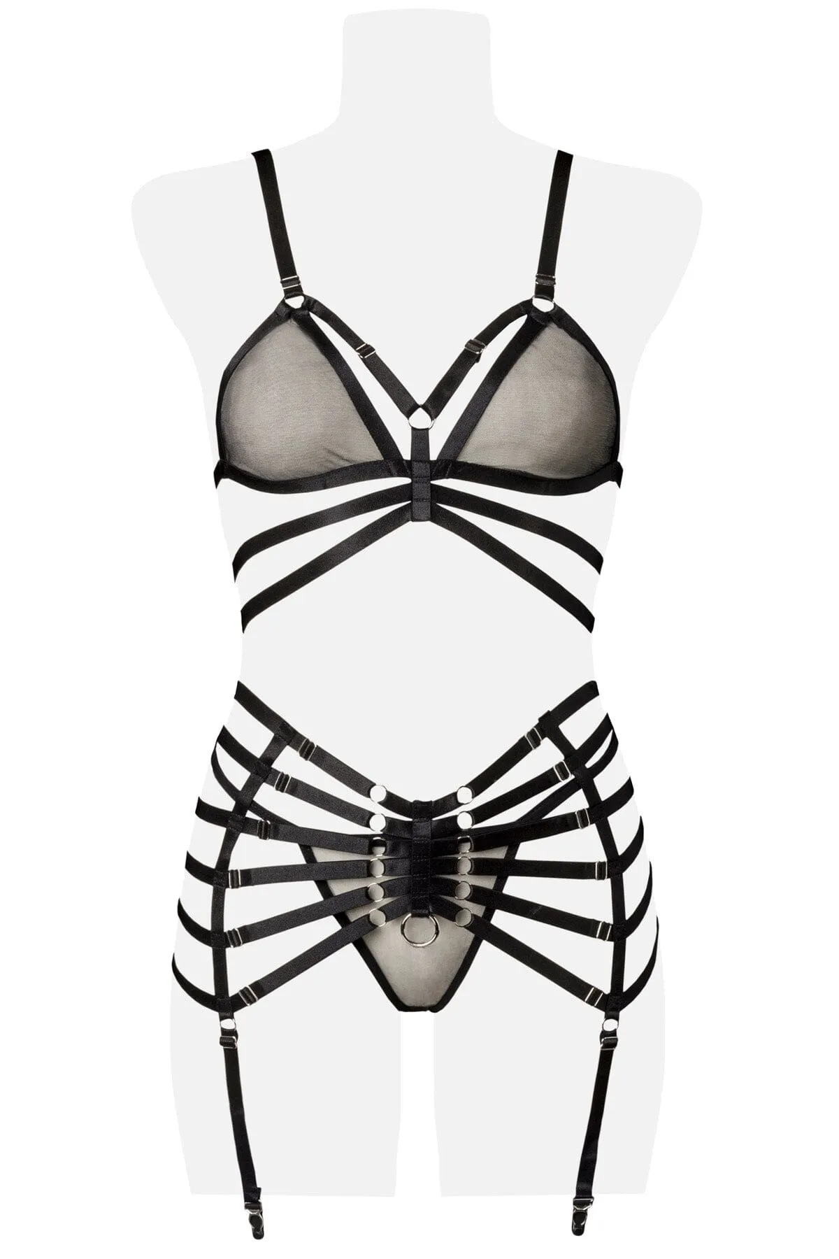 3 Piece Suspender Bra & Caged Harness Set