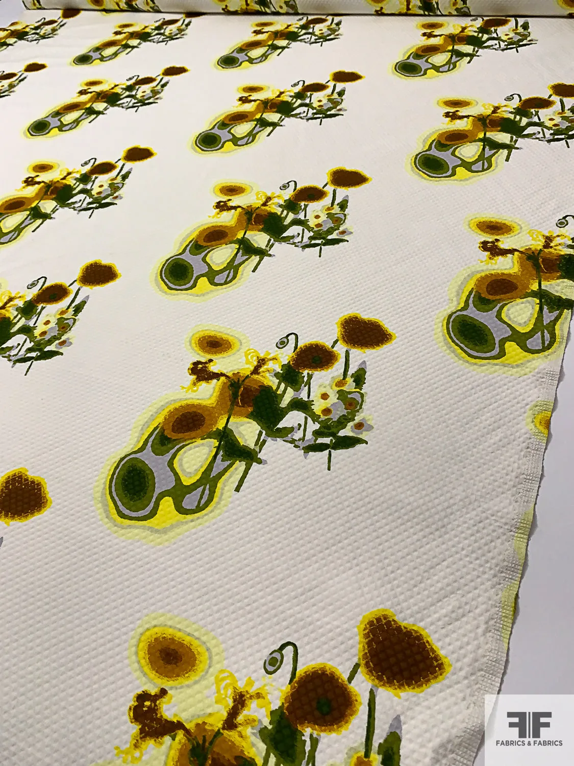 Abstract Floral Printed Diamond Cotton Pique - Yellow / Leaf Green / Brown / Off-White