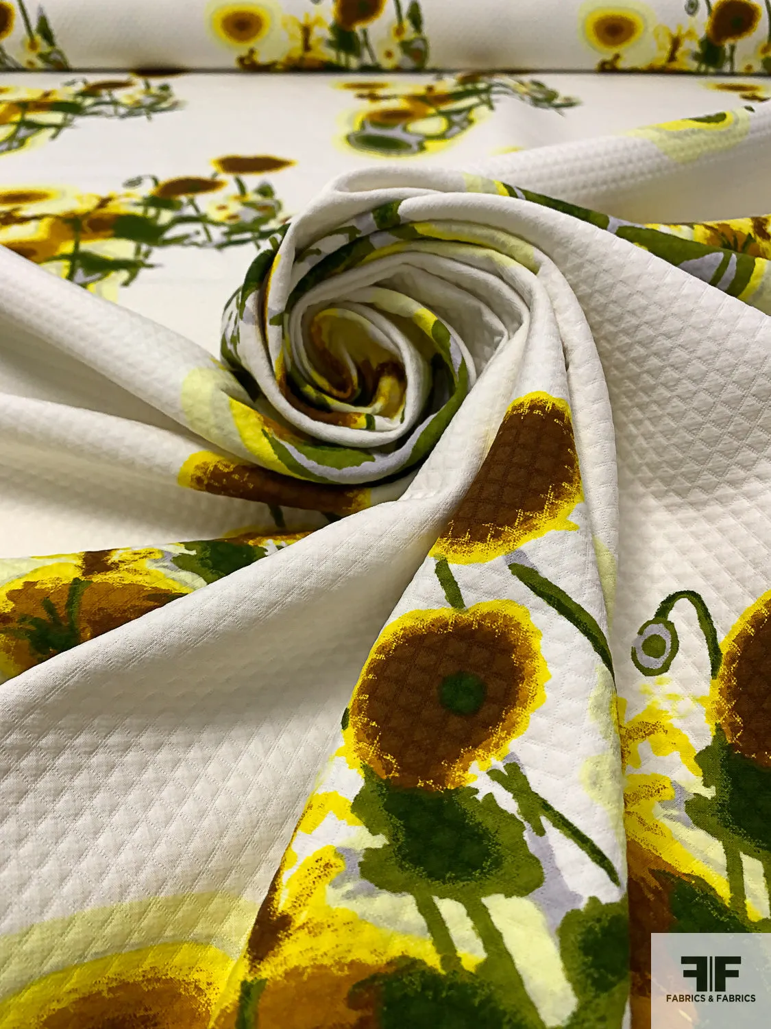 Abstract Floral Printed Diamond Cotton Pique - Yellow / Leaf Green / Brown / Off-White