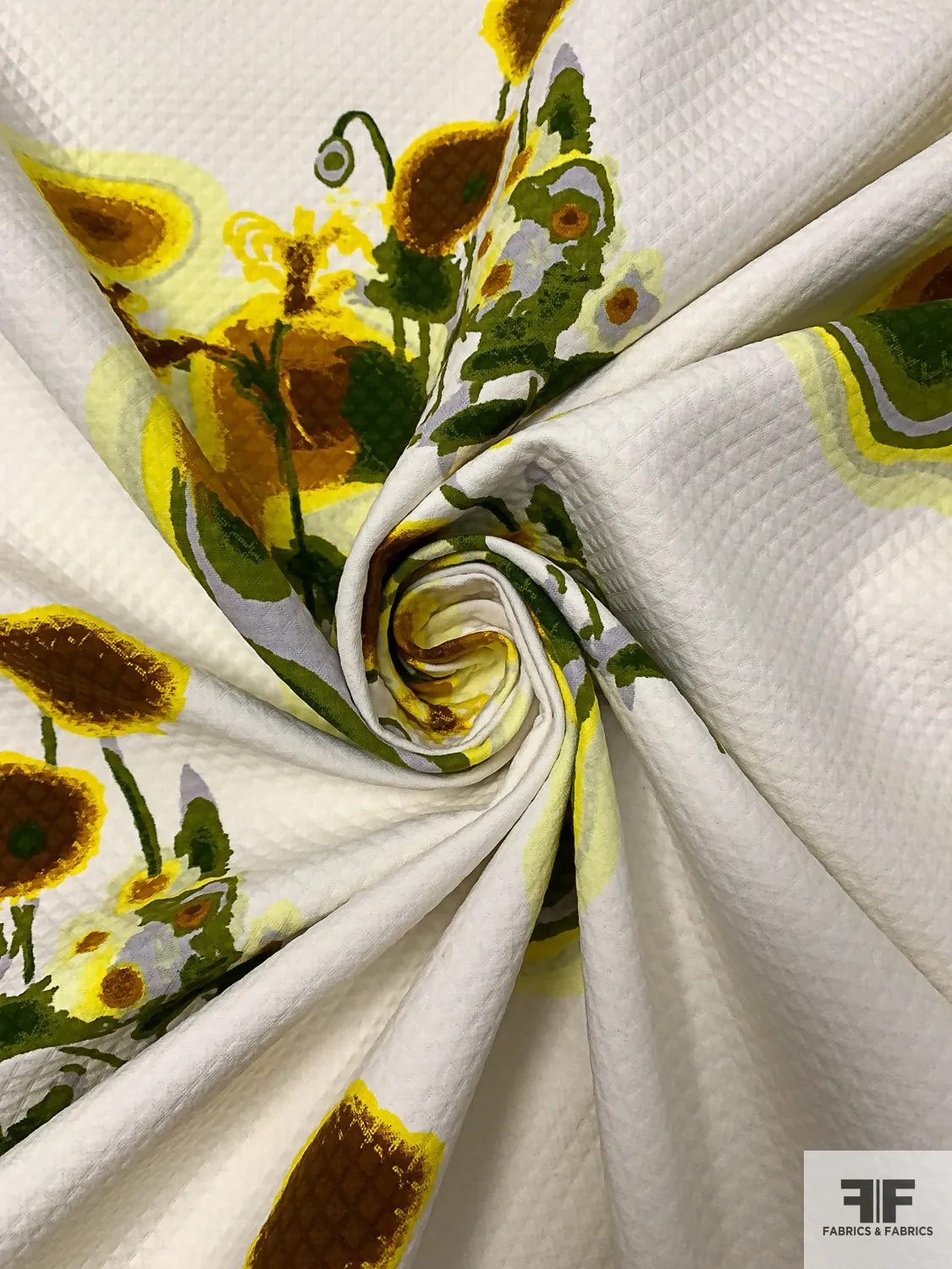 Abstract Floral Printed Diamond Cotton Pique - Yellow / Leaf Green / Brown / Off-White