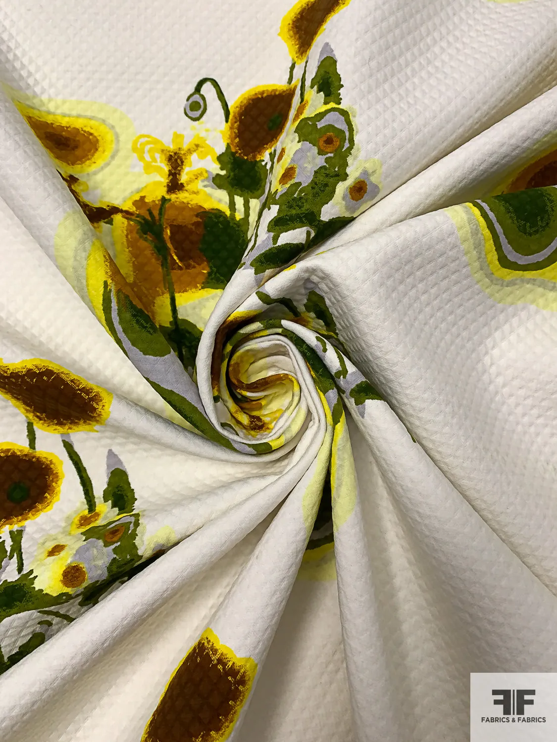 Abstract Floral Printed Diamond Cotton Pique - Yellow / Leaf Green / Brown / Off-White