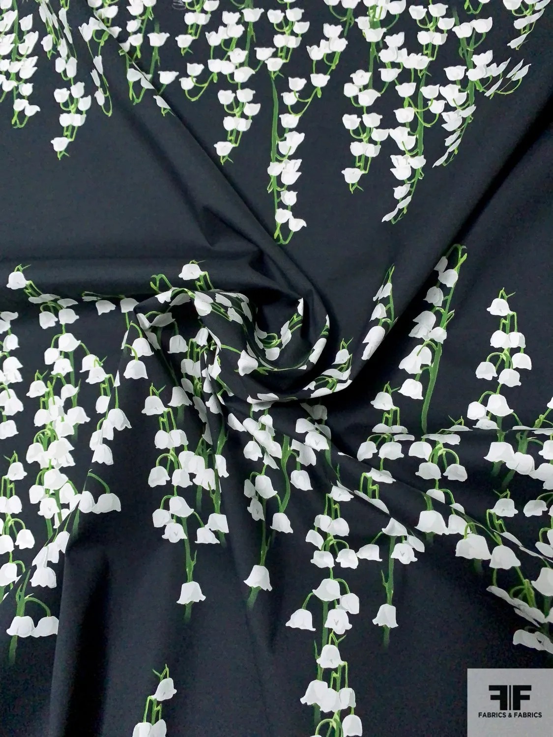 Adam Lippes Lily of the Valley Printed Stretch Cotton Poplin 2  Yard Panel - Lily Black / Green / Off-White