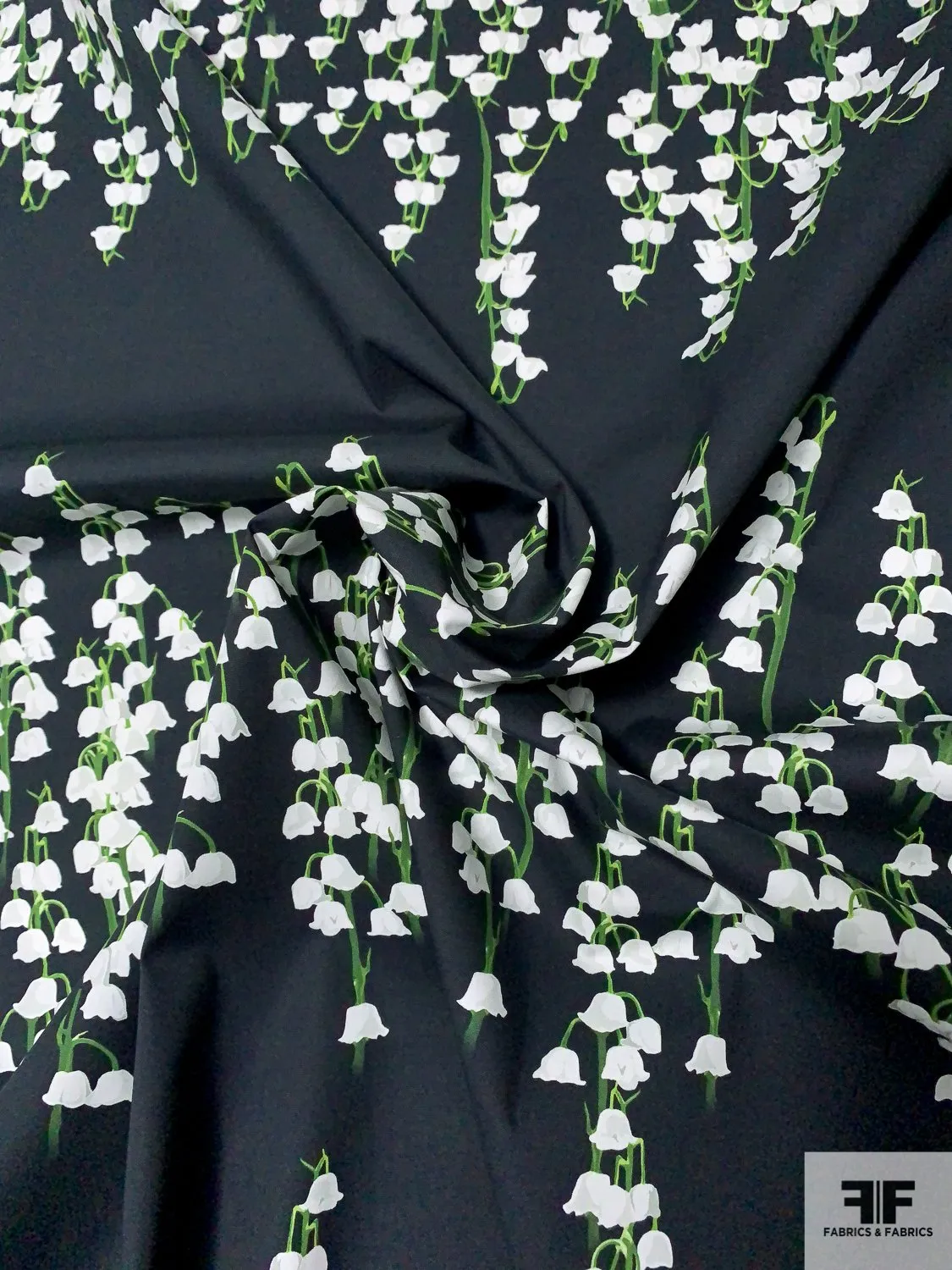 Adam Lippes Lily of the Valley Printed Stretch Cotton Poplin 2  Yard Panel - Lily Black / Green / Off-White