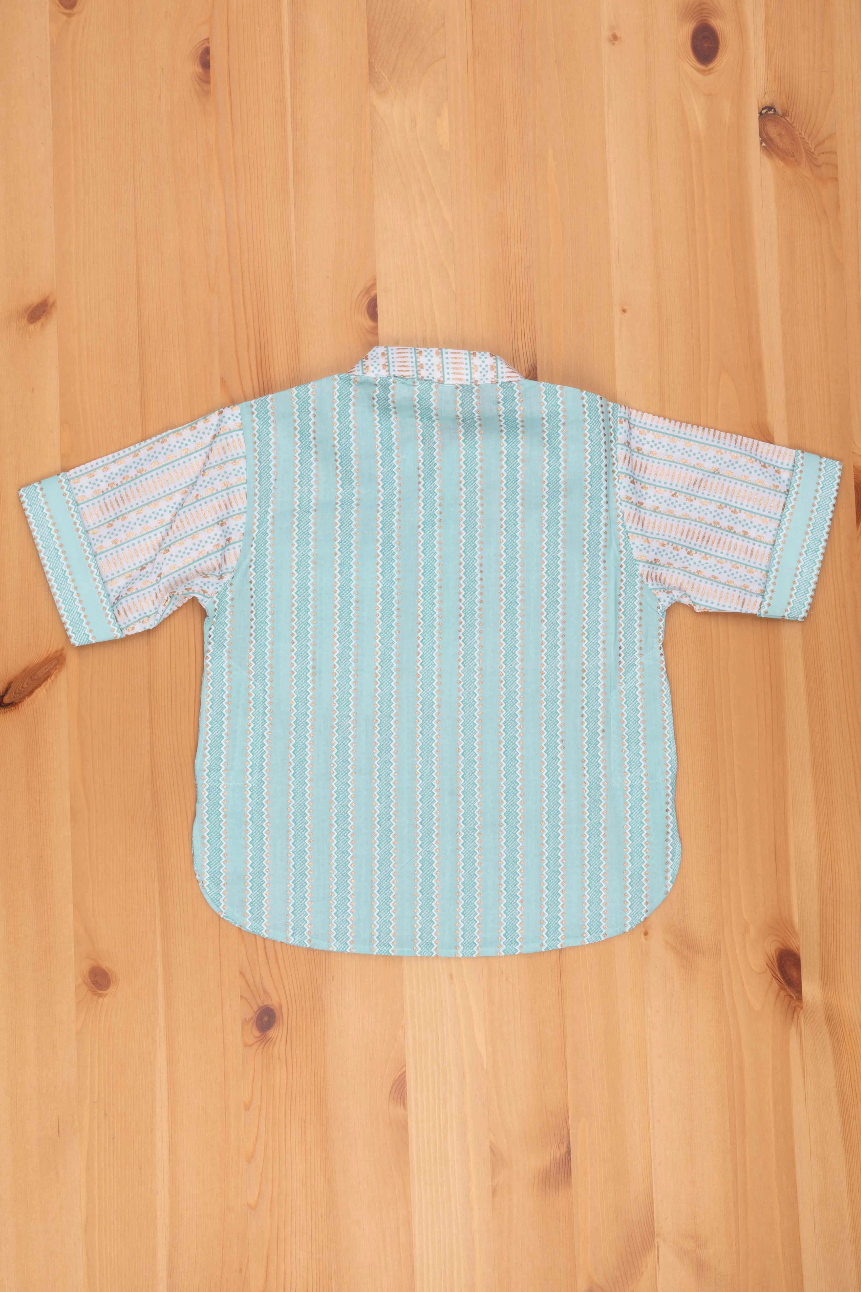 Azure Artistry: Boys Blue Shirt with Intricate Ikat Patterns, Mandarin Collar