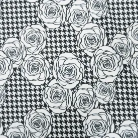 Black and White Floral on Houndstooth Printed Polyester Crepe