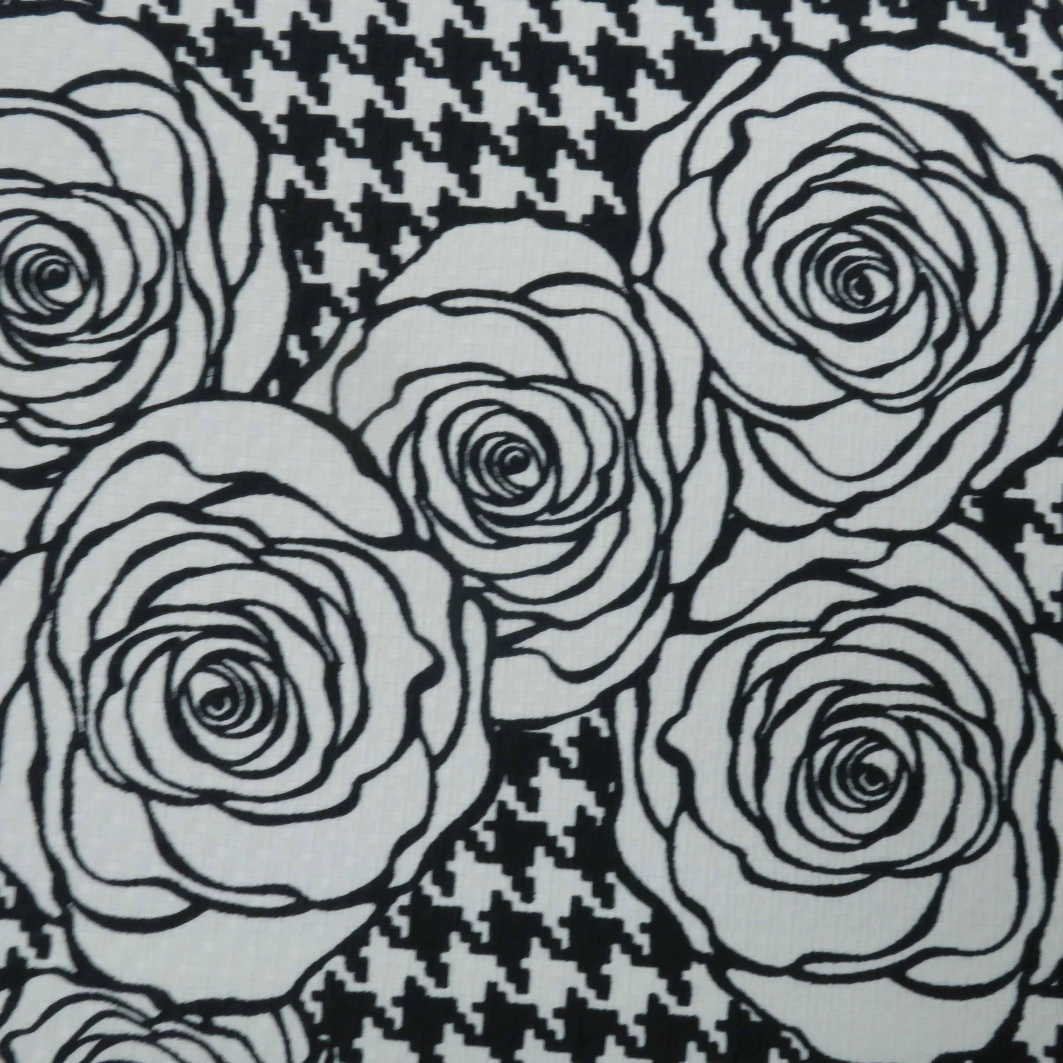 Black and White Floral on Houndstooth Printed Polyester Crepe