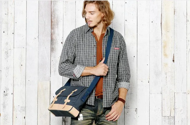 Black Canvas Leather Mens Side Bag Messenger Bags Navy Blue Canvas Courier Bags for Men