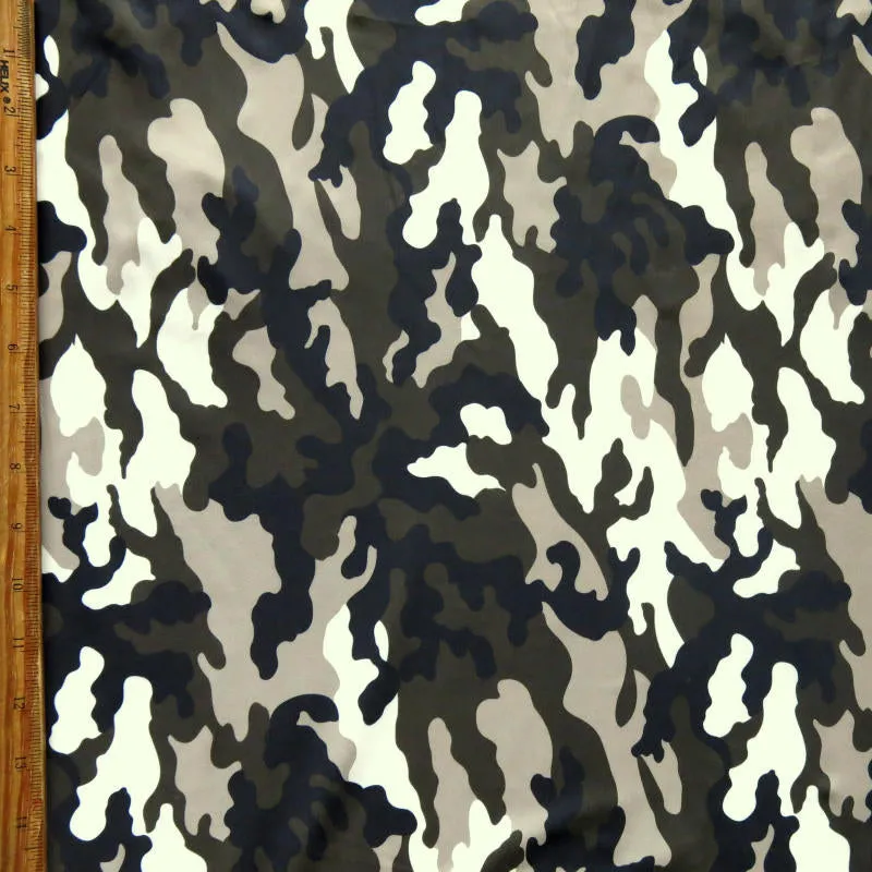 Black, Dark Olive, Light Brown, and Cream Camo Nylon Spandex Swimsuit Fabric