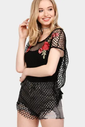 Black Fishnet Embroidered Top