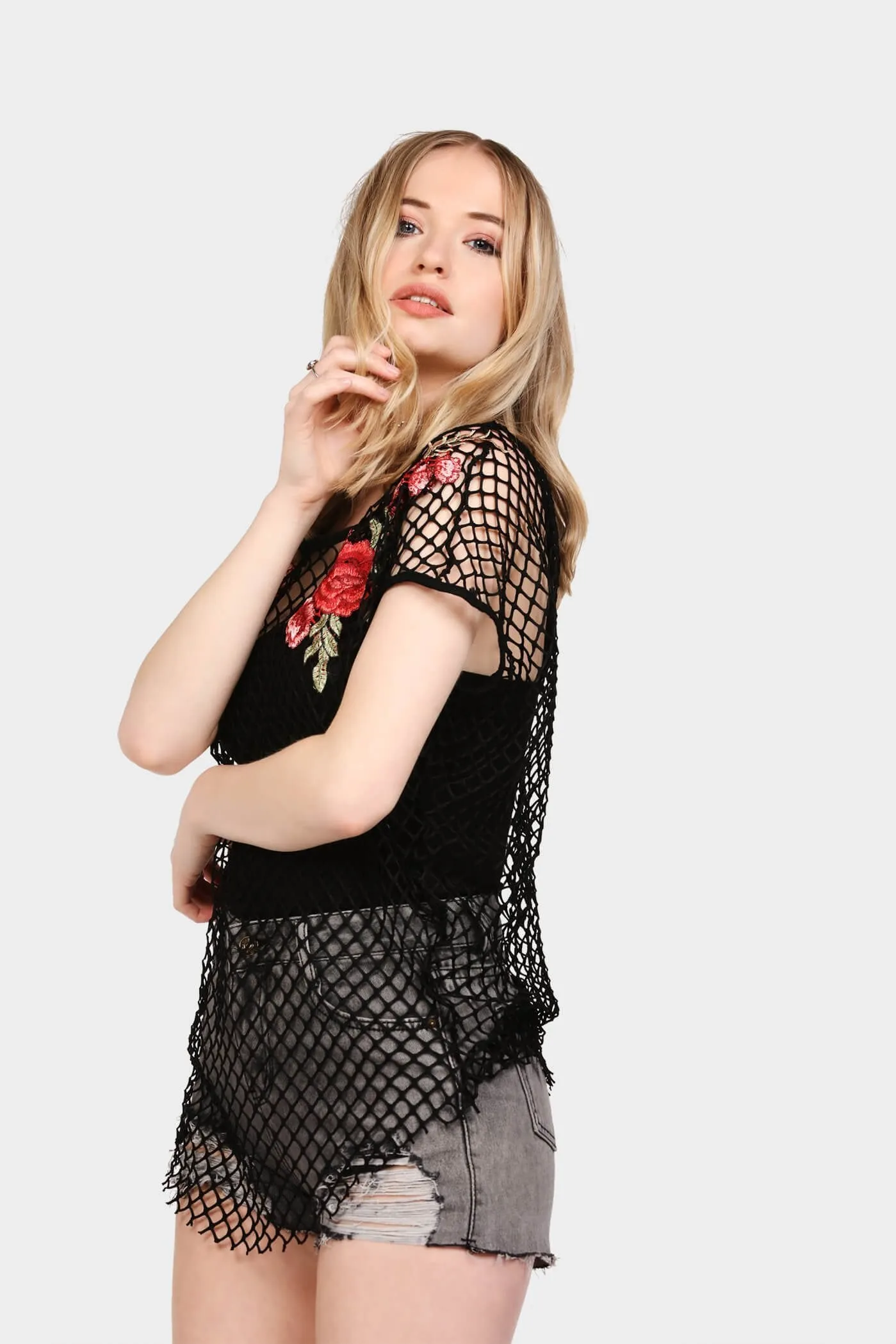 Black Fishnet Embroidered Top