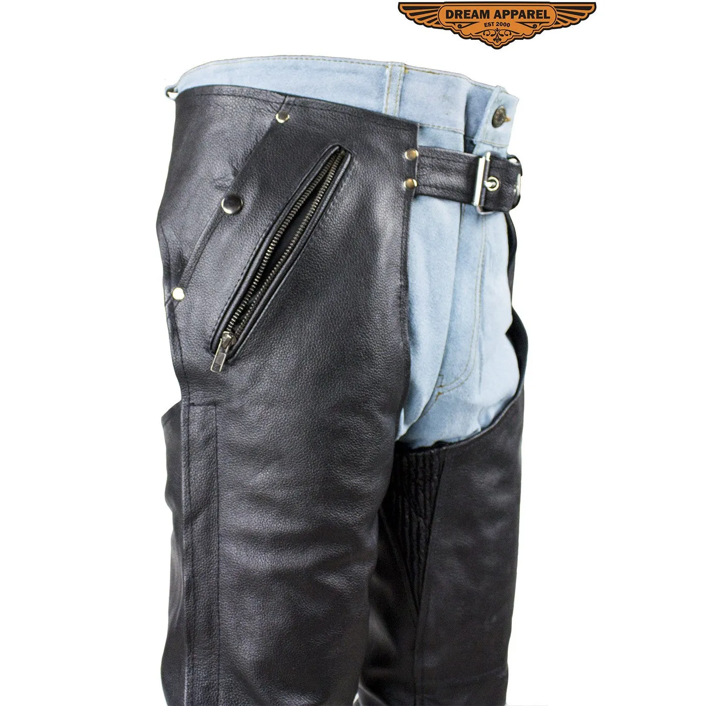 Black Multi-Pocket Split Leather Chaps W/ Zipout liner