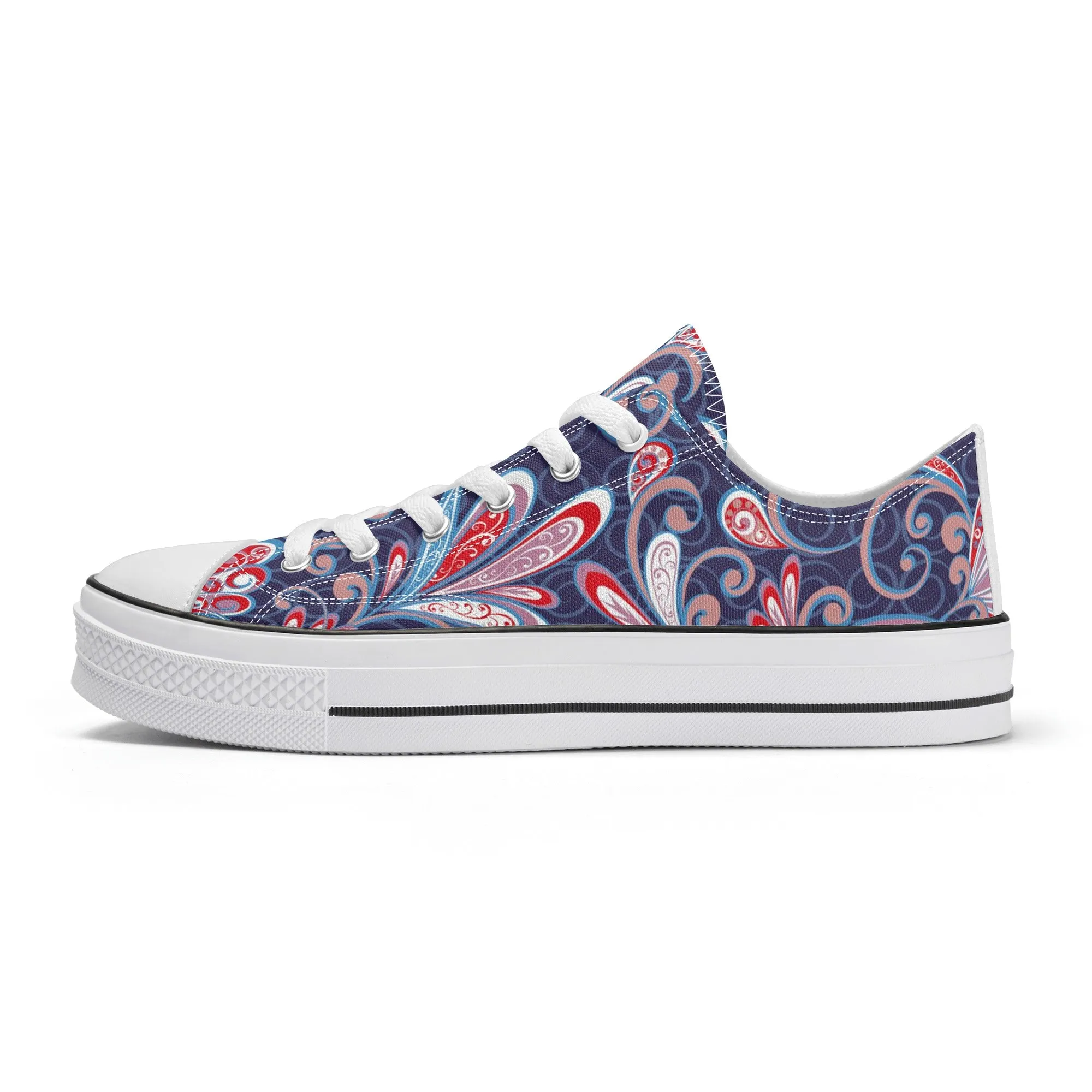 Blue and Red Paisley Pattern - Womens Classic Low Top Canvas Shoes for Footwear Lovers