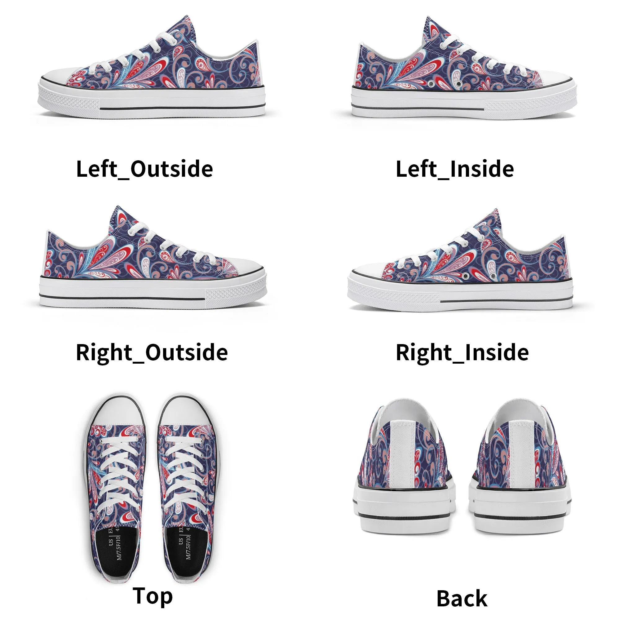 Blue and Red Paisley Pattern - Womens Classic Low Top Canvas Shoes for Footwear Lovers