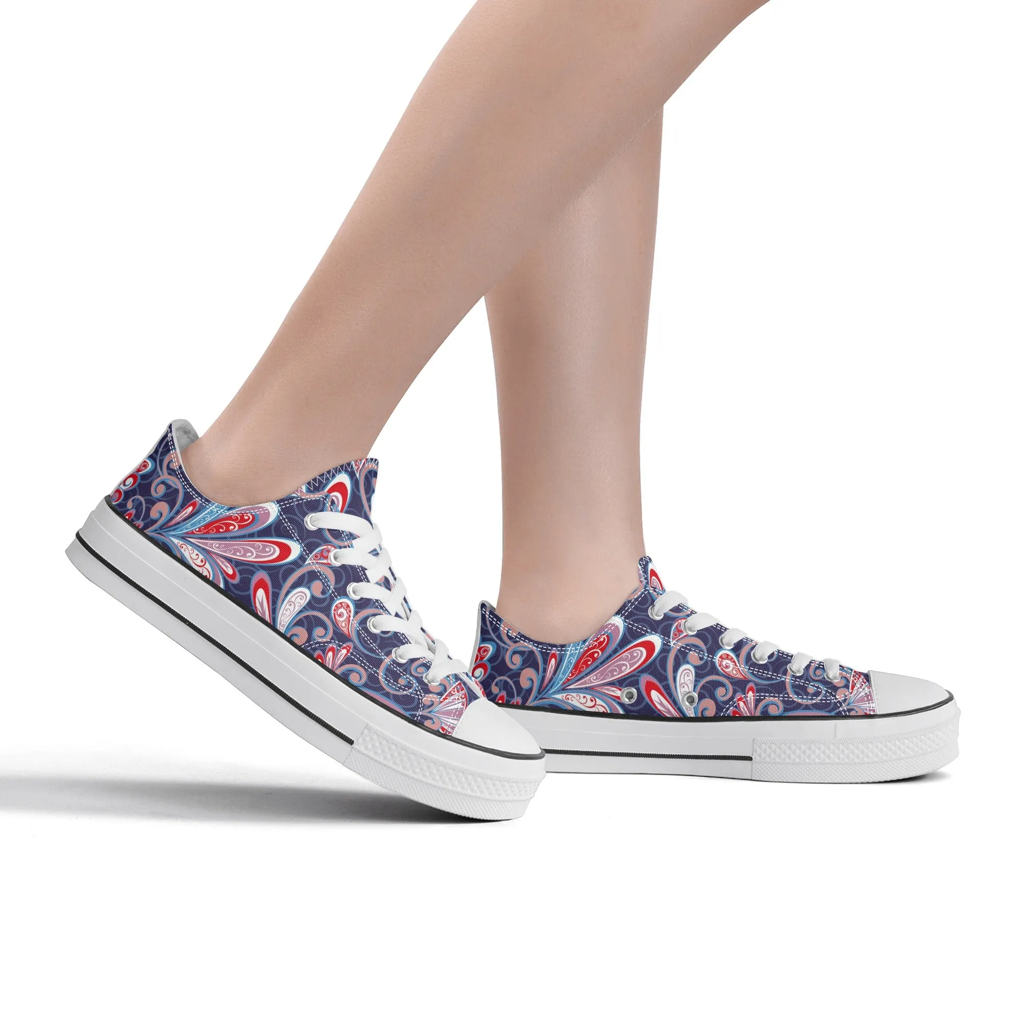 Blue and Red Paisley Pattern - Womens Classic Low Top Canvas Shoes for Footwear Lovers