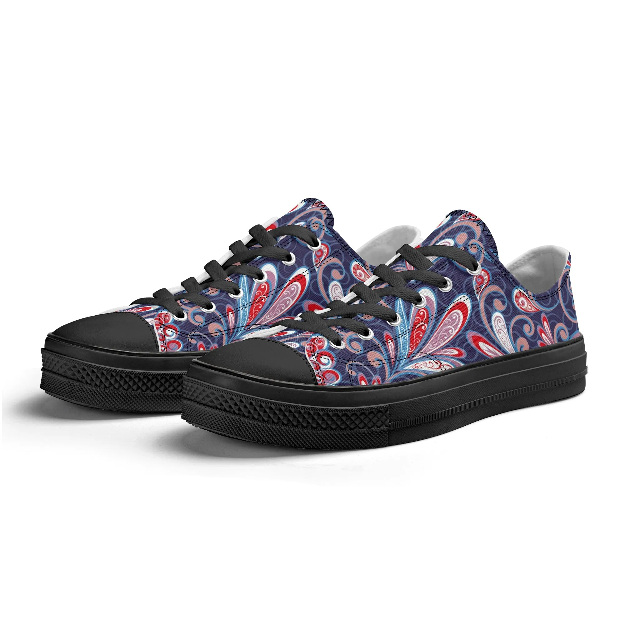 Blue and Red Paisley Pattern - Womens Classic Low Top Canvas Shoes for Footwear Lovers