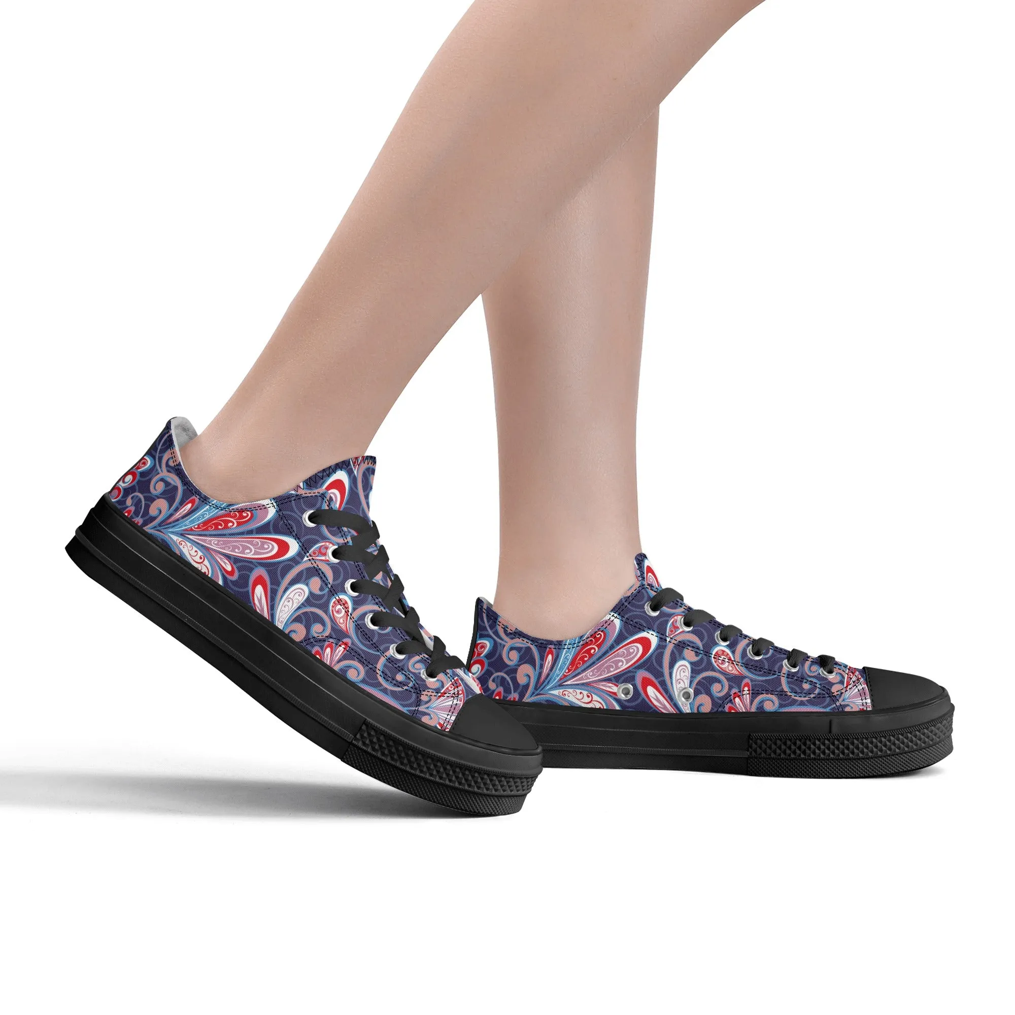 Blue and Red Paisley Pattern - Womens Classic Low Top Canvas Shoes for Footwear Lovers