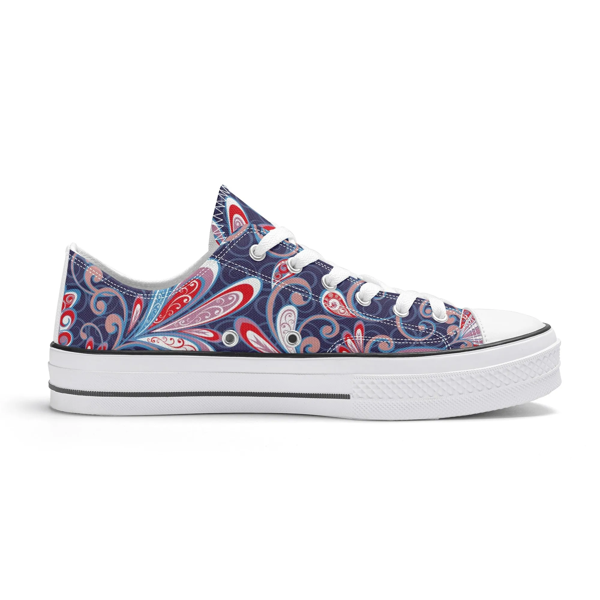 Blue and Red Paisley Pattern - Womens Classic Low Top Canvas Shoes for Footwear Lovers