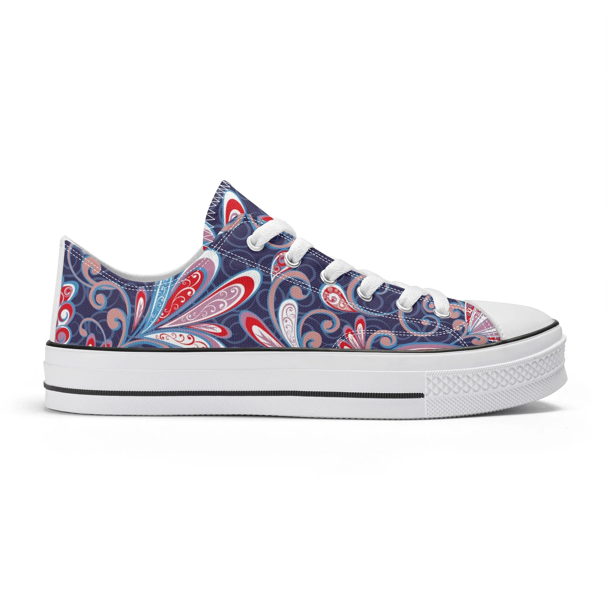 Blue and Red Paisley Pattern - Womens Classic Low Top Canvas Shoes for Footwear Lovers