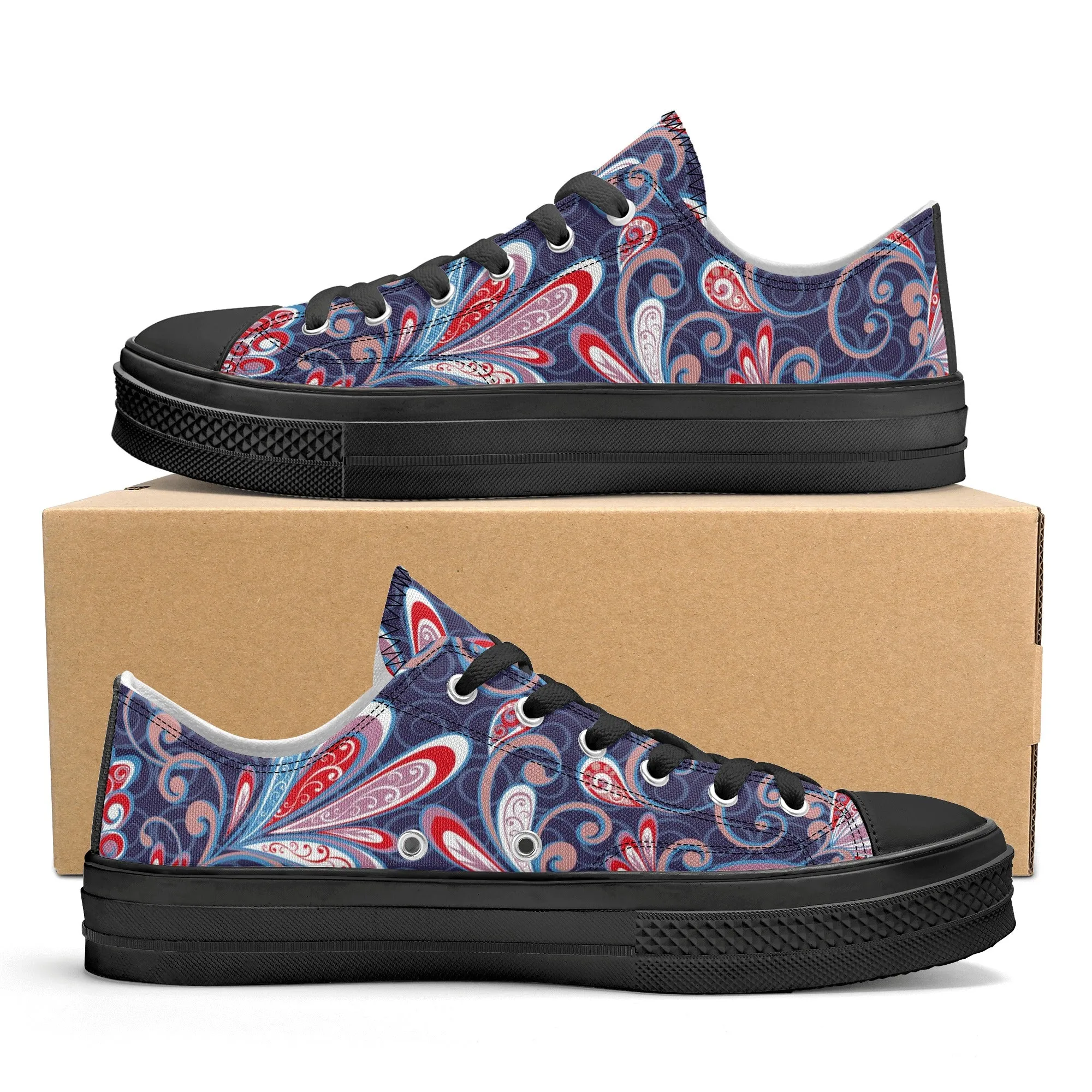 Blue and Red Paisley Pattern - Womens Classic Low Top Canvas Shoes for Footwear Lovers