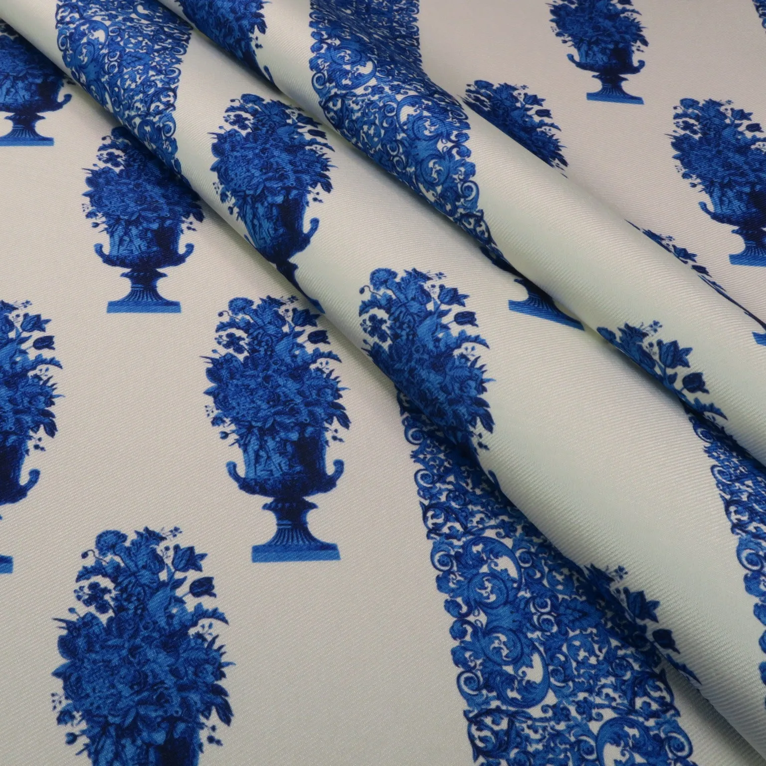 Blue Ornaments Patterned on White Printed Polyester Mikado Fabric