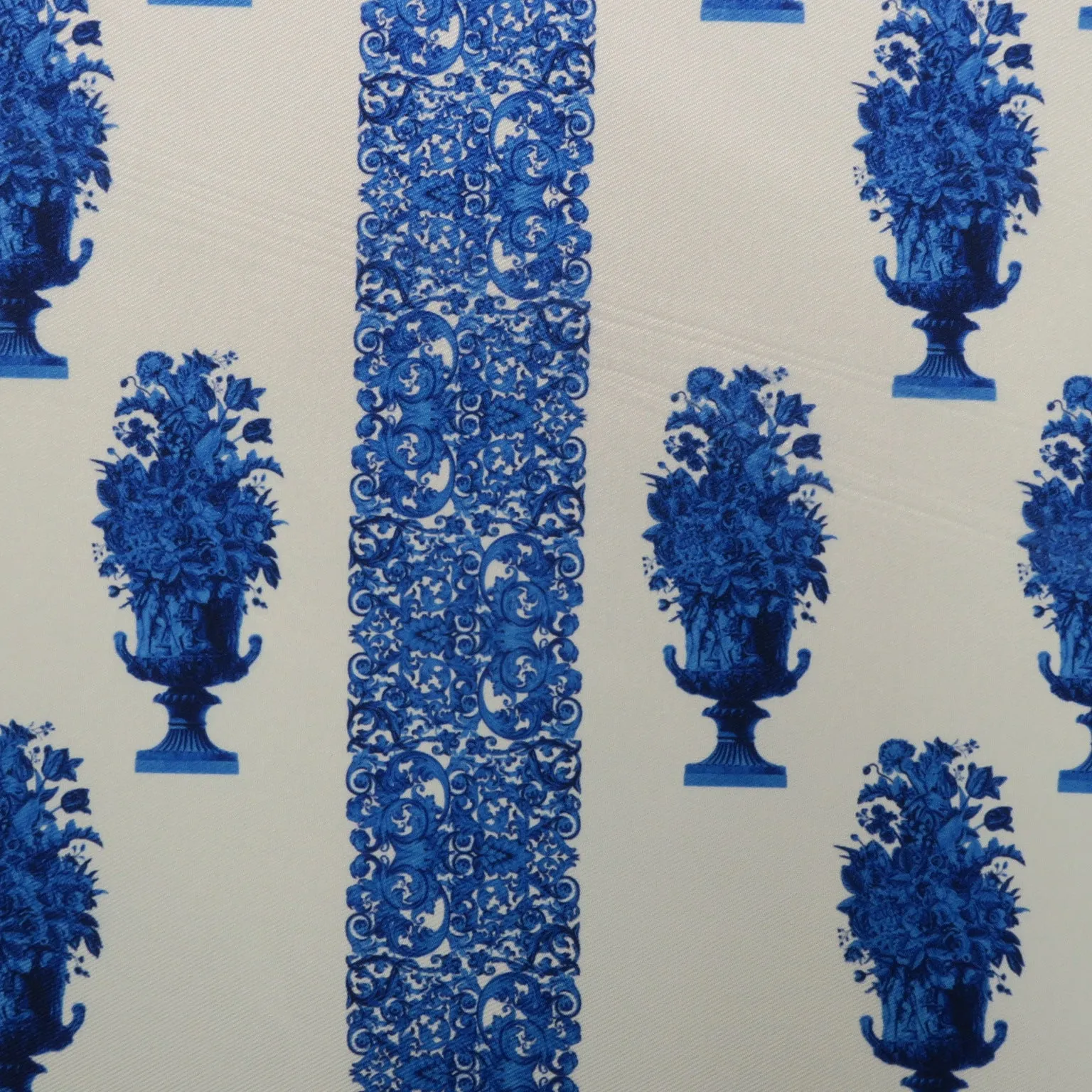 Blue Ornaments Patterned on White Printed Polyester Mikado Fabric