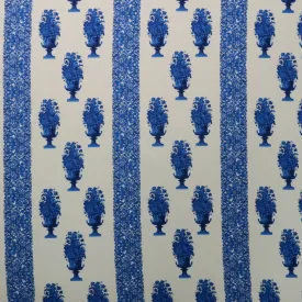 Blue Ornaments Patterned on White Printed Polyester Mikado Fabric