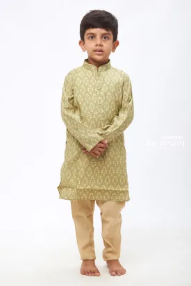 Boys Designer Kurta Pant: Paisley Patterned Forest Green Kurta Ensemble with White Trousers