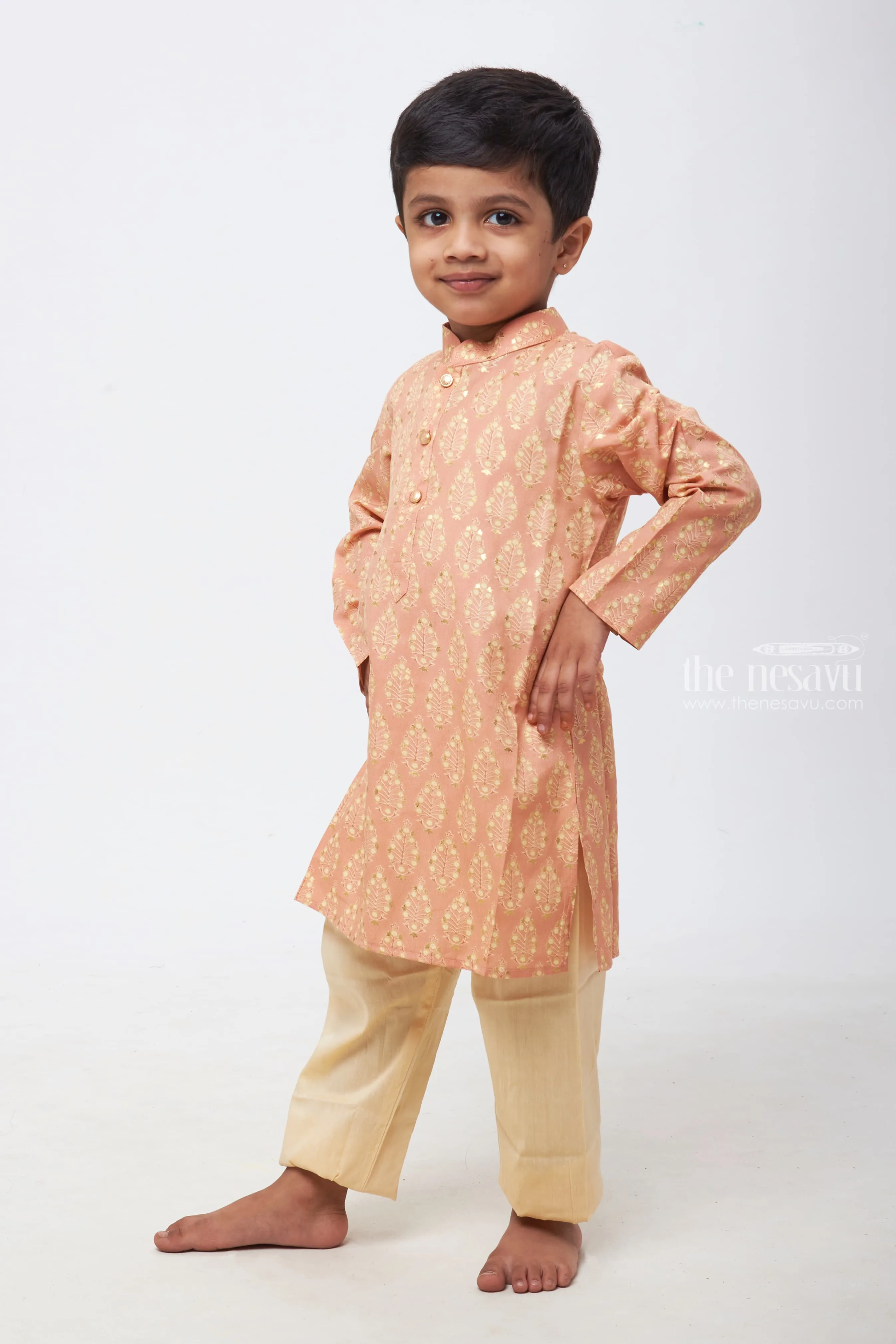 Boys' Dusty Rose Kurta with Royal-Inspired Motifs & Ivory Pant Set