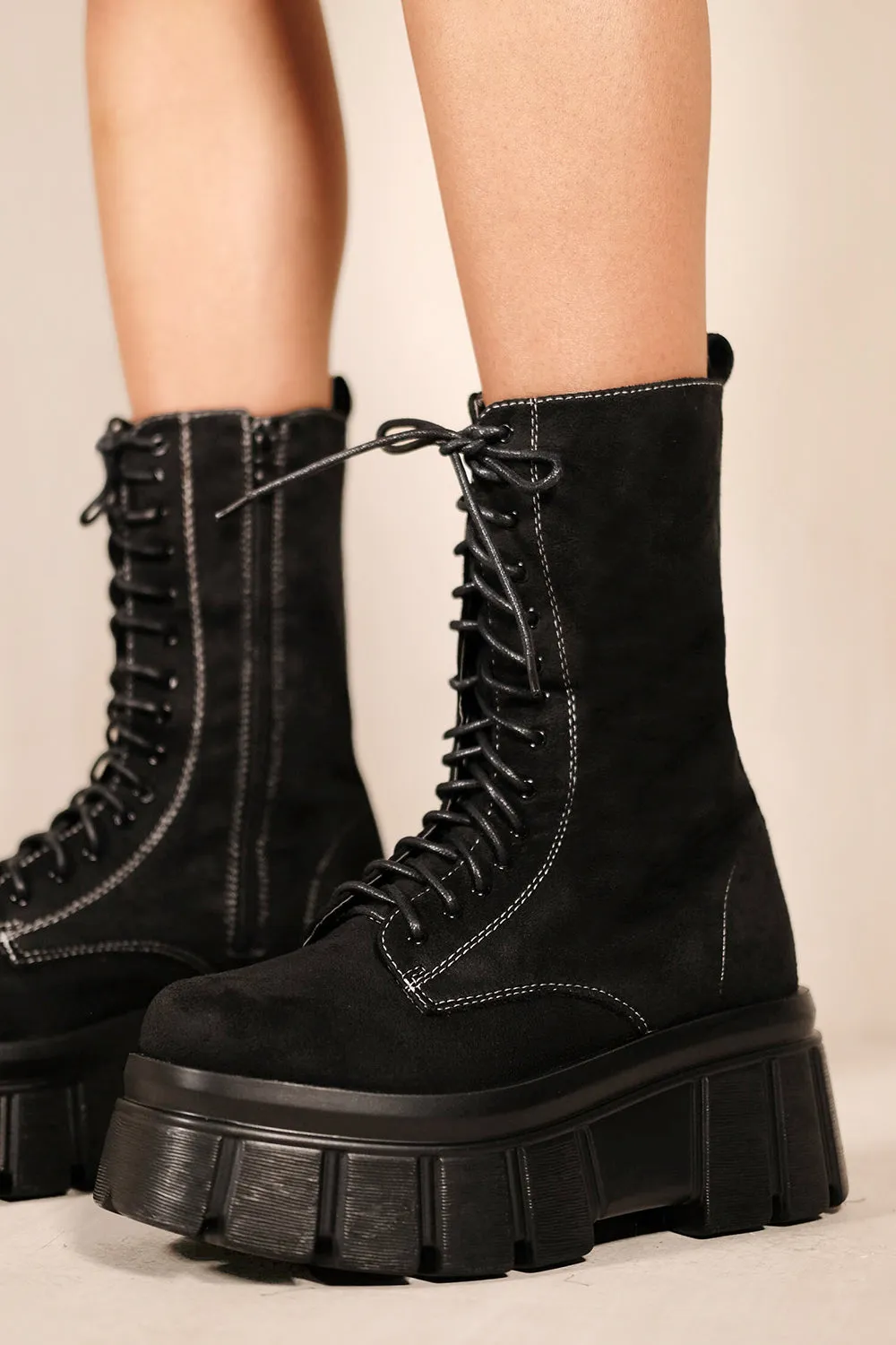 CECILIA CHUNKY SOLE PLATFORM LACE UP ANKLE BOOTS IN BLACK SUEDE