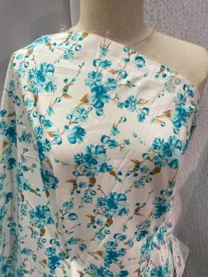 Cotton Floral Print- White/Turquoise/Brown