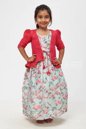 Crimson Elegance: Children's Bird & Blossom Print Dress Ensemble