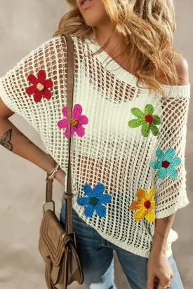 Crochet Flower Hollow-out Sweater Top - White