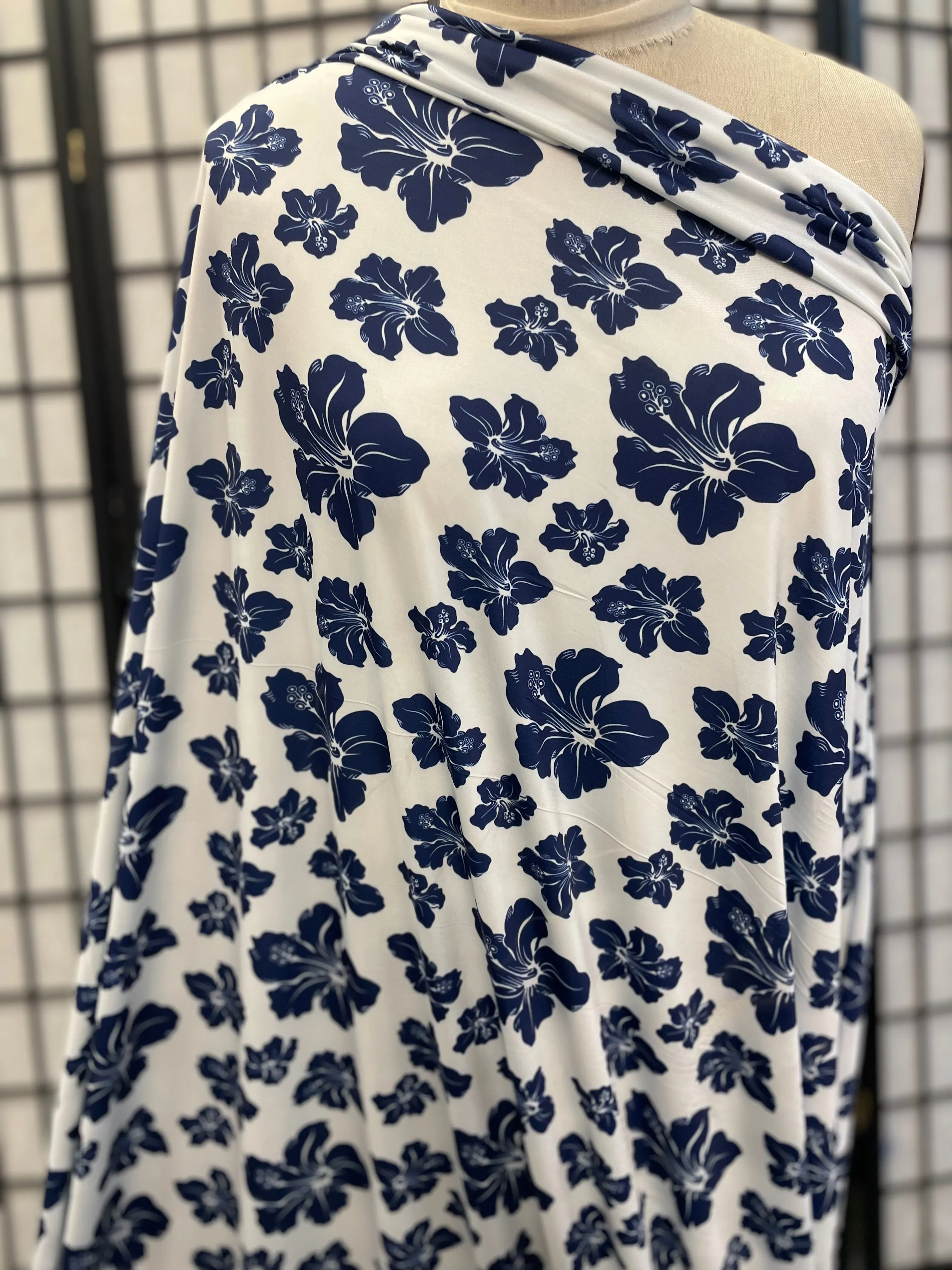 Floral Print Poly Lycra - White / Cobalt Blue