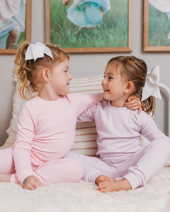 Girls Soft & Cozy Thermal 2-Piece Long Johns | White w- Light Pink Stitch