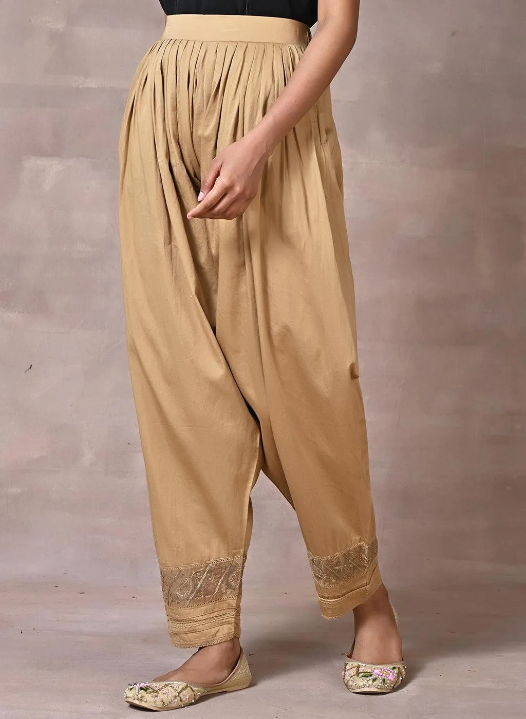 Gold Pleated Salwar with Lace Detailing and Mesh Hem