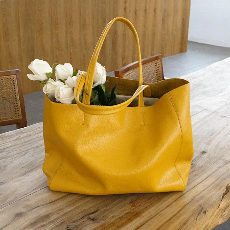 Handcrafted Leather Tote Bag | Grain Leather Large Tote Bag |  Birthday gift for her, yellow, Shell Pink, Caramel, Black Blue Gift For Her