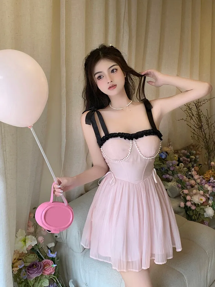 Joskaa hoco dresses  New Summer Dress French Style Princess Straps Dress High Waist Thin Pink Sweet Short Fairy Dress Female Sundress Bestidos