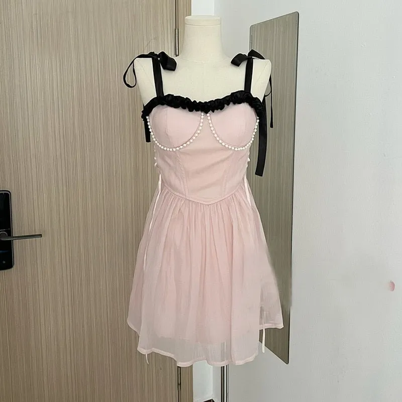 Joskaa hoco dresses  New Summer Dress French Style Princess Straps Dress High Waist Thin Pink Sweet Short Fairy Dress Female Sundress Bestidos