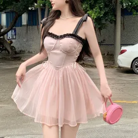 Joskaa hoco dresses  New Summer Dress French Style Princess Straps Dress High Waist Thin Pink Sweet Short Fairy Dress Female Sundress Bestidos