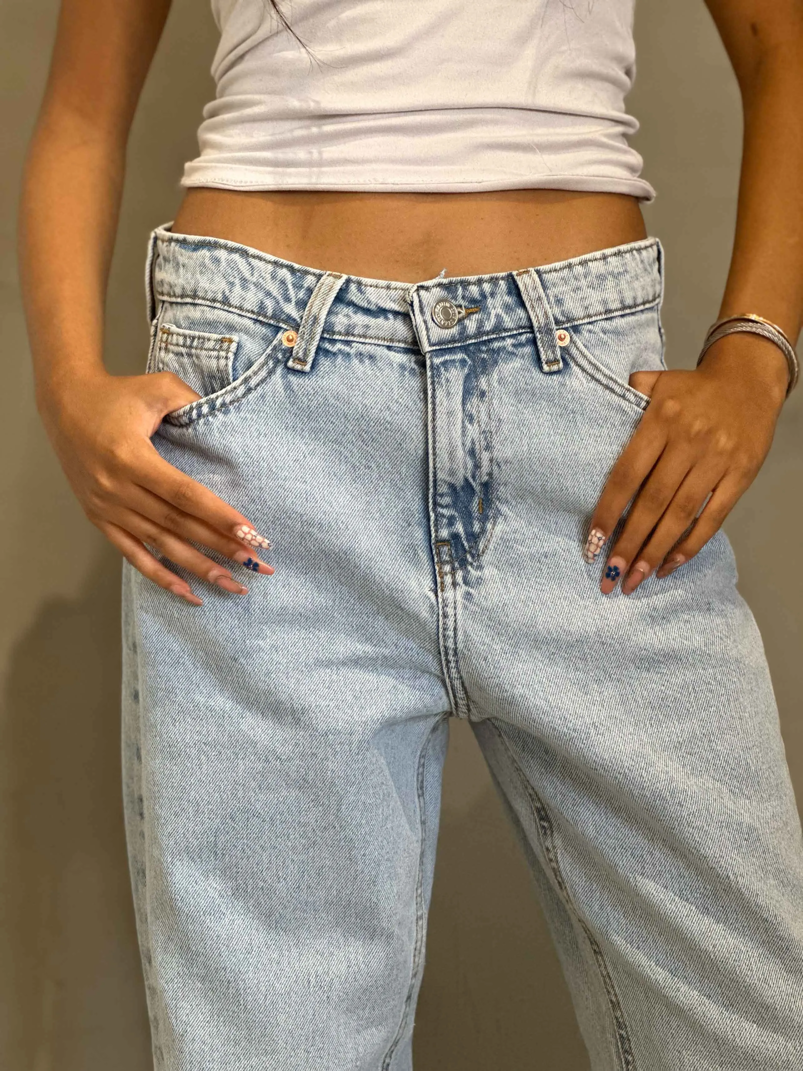 Light Iced Blue Mom-Fit Jeans.