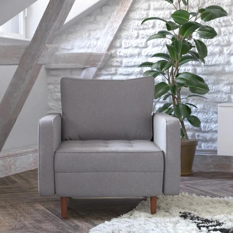 Luigi Mid-Century Modern Armchair with Tufted Light Gray Faux Linen Upholstery Wood Leg