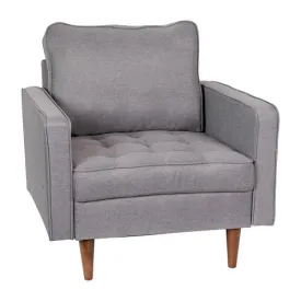 Luigi Mid-Century Modern Armchair with Tufted Light Gray Faux Linen Upholstery Wood Leg