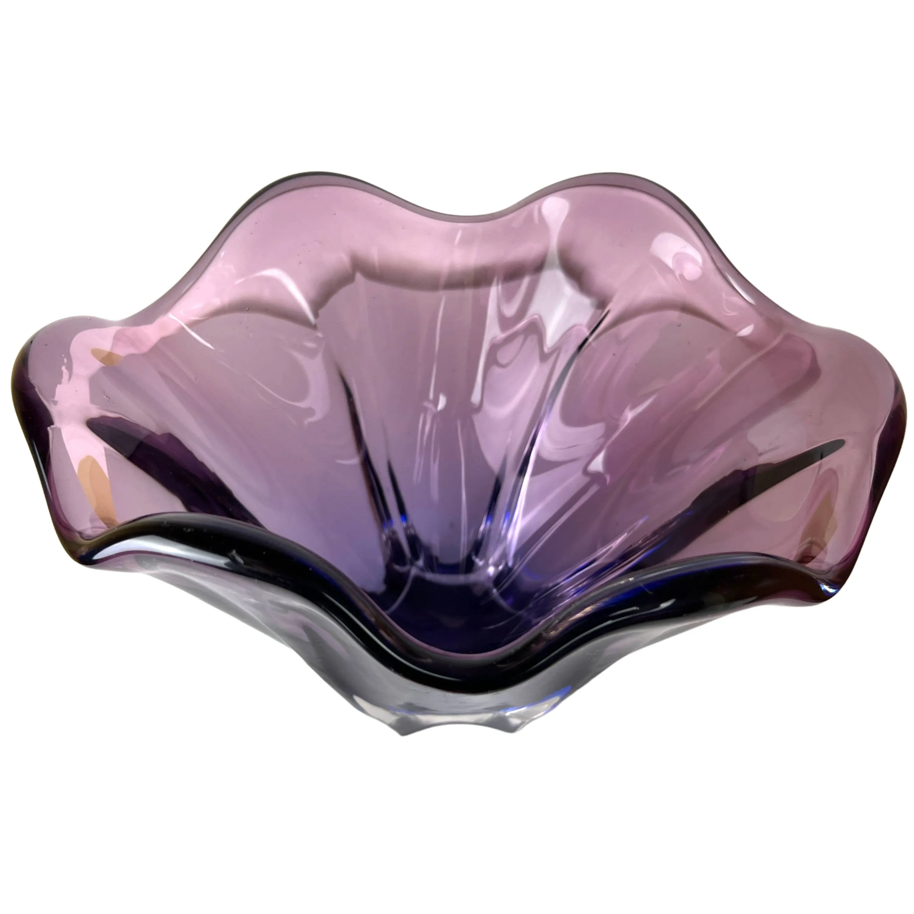 MCM Murano Glass Bowl Vase Purple & Blue Cased in Clear