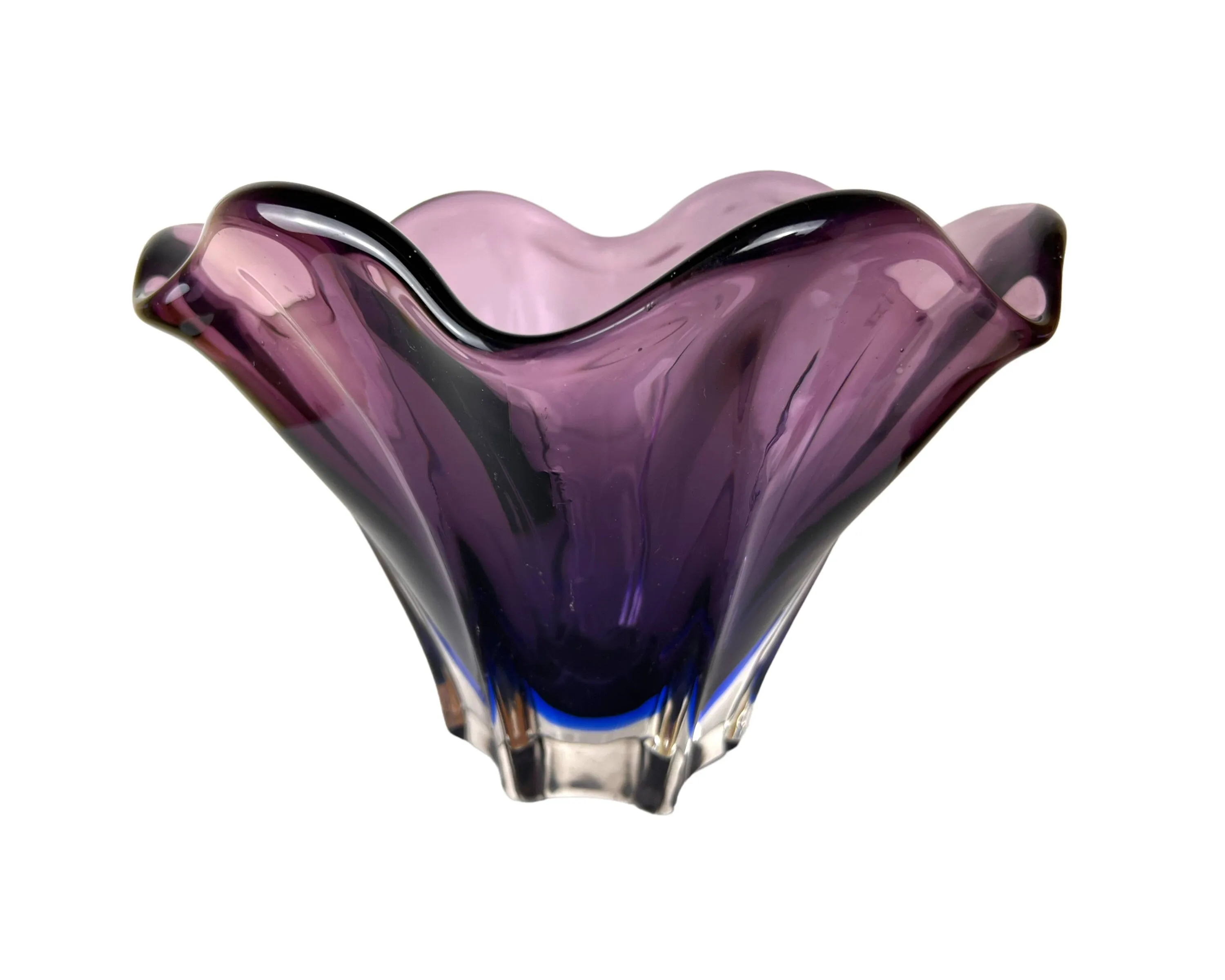 MCM Murano Glass Bowl Vase Purple & Blue Cased in Clear