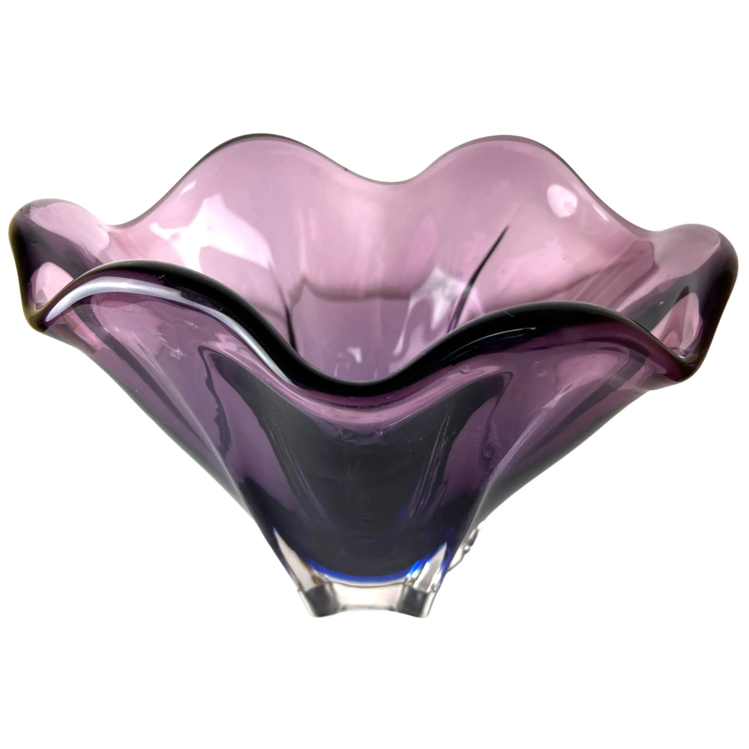 MCM Murano Glass Bowl Vase Purple & Blue Cased in Clear