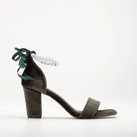 Melissa - Olive Green Velvet Sandals with Pearls