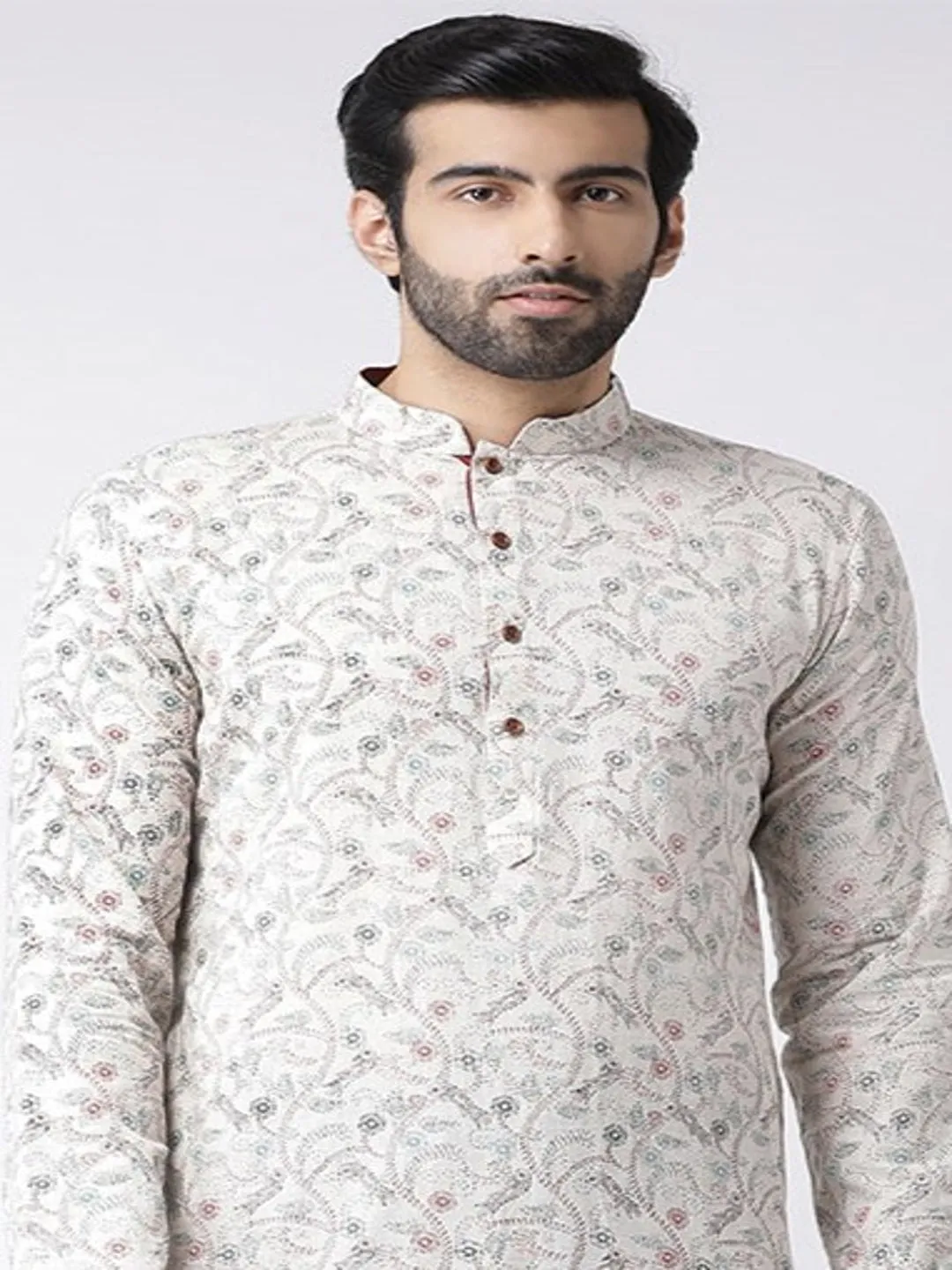 Men White Printed Kurta Dhoti Set