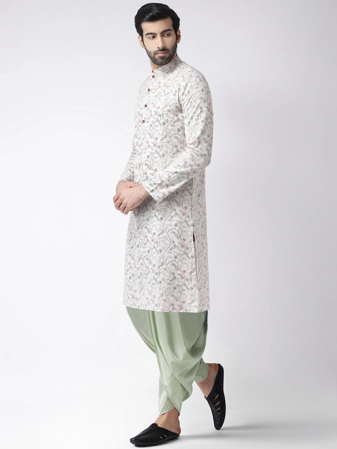 Men White Printed Kurta Dhoti Set