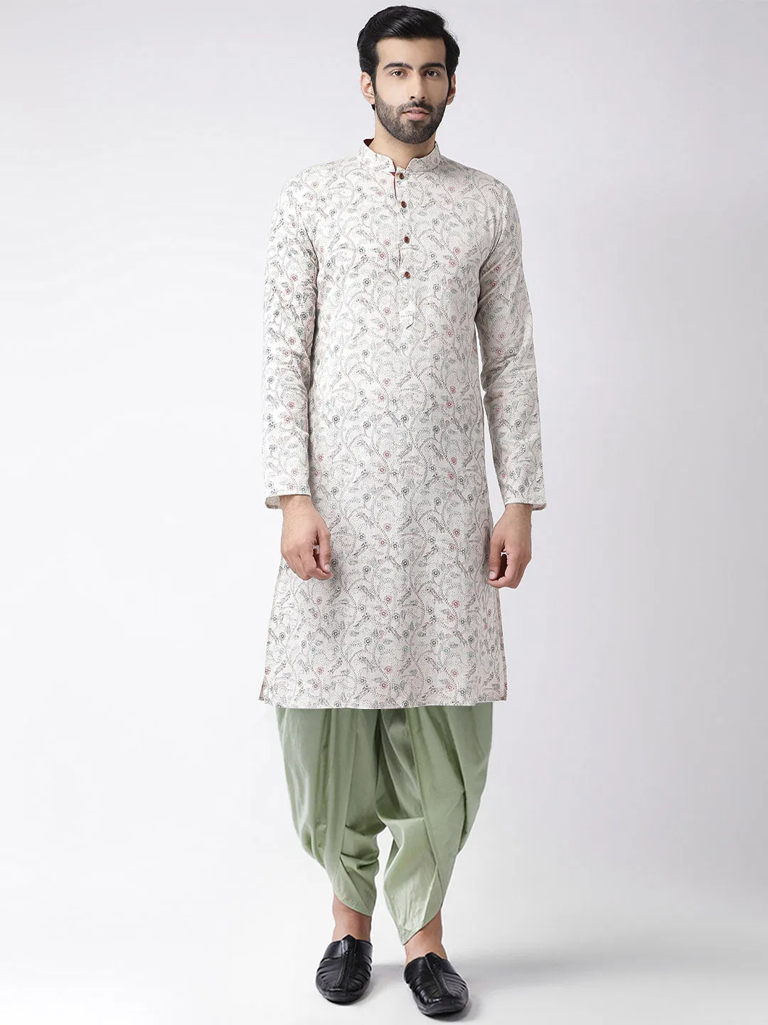 Men White Printed Kurta Dhoti Set