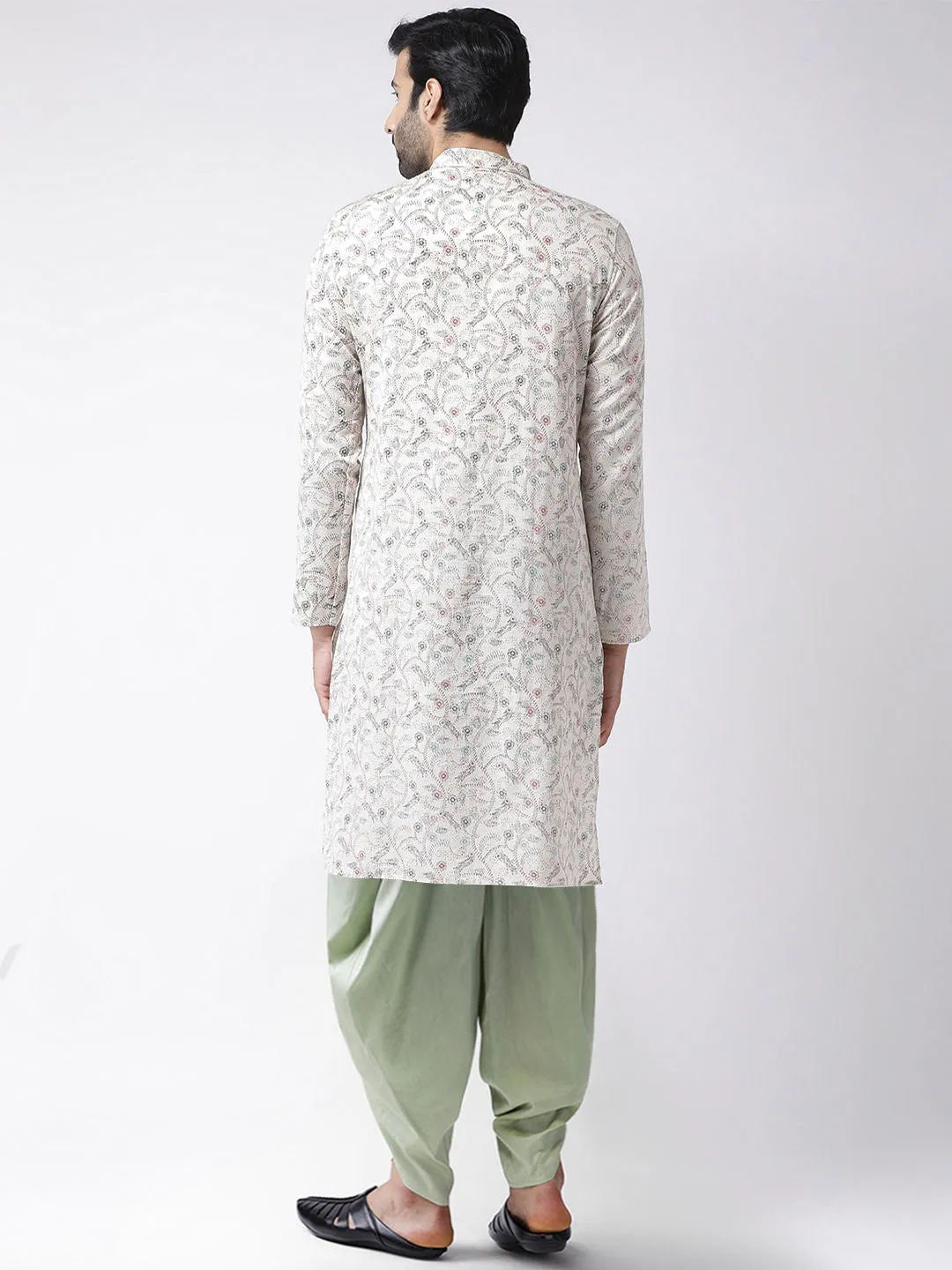 Men White Printed Kurta Dhoti Set